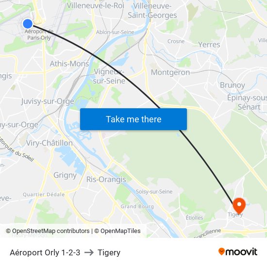 Aéroport Orly 1-2-3 to Tigery map