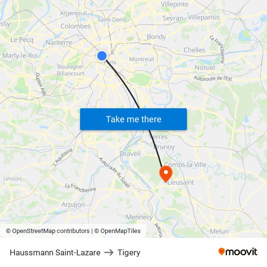 Haussmann Saint-Lazare to Tigery map