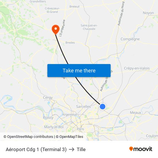 Aéroport Cdg 1 (Terminal 3) to Tille map