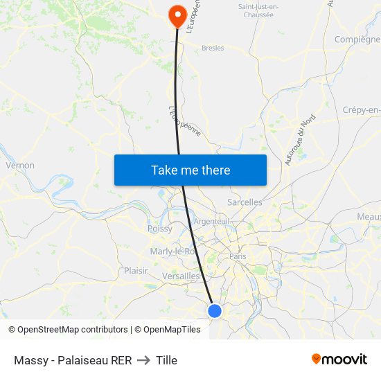 Massy - Palaiseau RER to Tille map