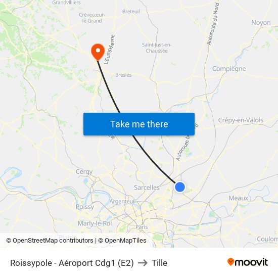 Roissypole - Aéroport Cdg1 (E2) to Tille map