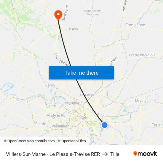 Villiers-Sur-Marne - Le Plessis-Trévise RER to Tille map