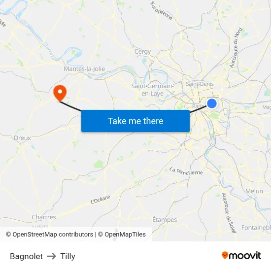 Bagnolet to Tilly map