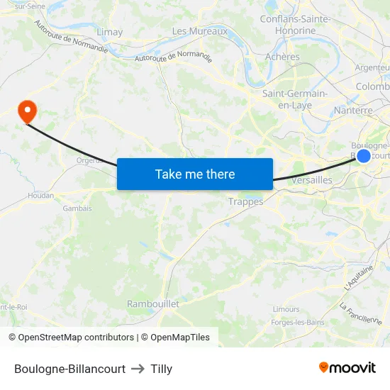 Boulogne-Billancourt to Tilly map