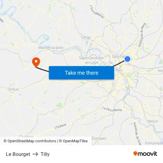 Le Bourget to Tilly map