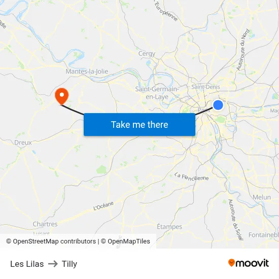 Les Lilas to Tilly map