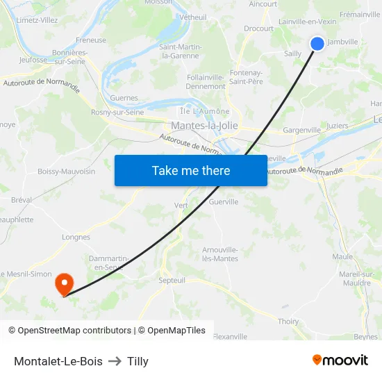 Montalet-Le-Bois to Tilly map