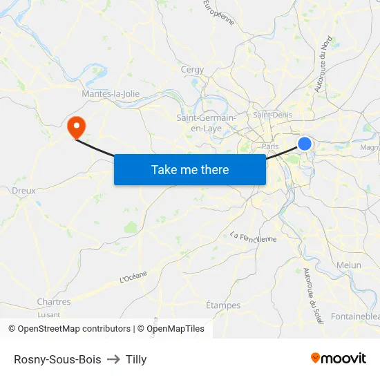 Rosny-Sous-Bois to Tilly map