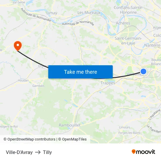 Ville-D'Avray to Tilly map