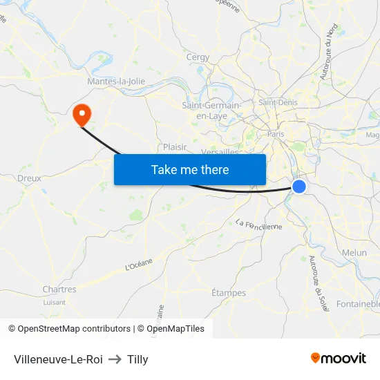 Villeneuve-Le-Roi to Tilly map
