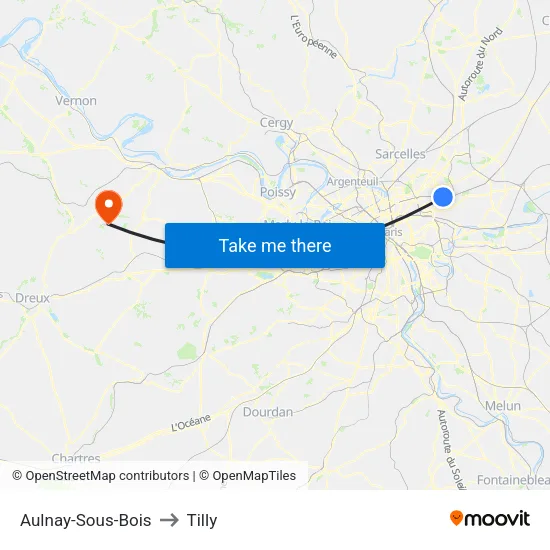 Aulnay-Sous-Bois to Tilly map