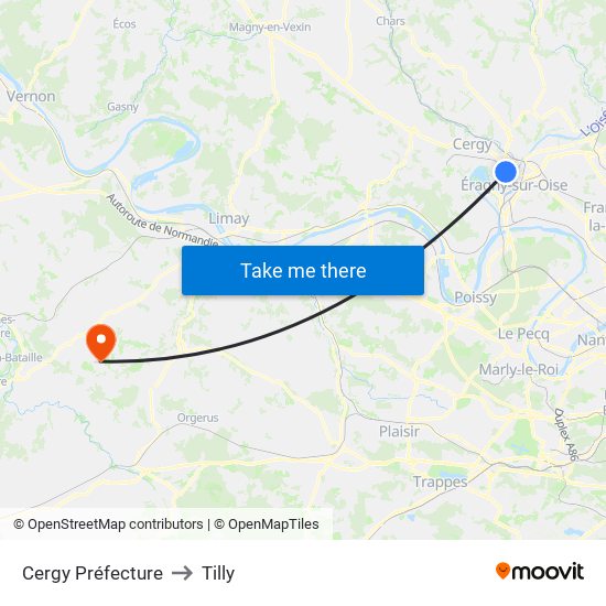 Cergy Préfecture to Tilly map