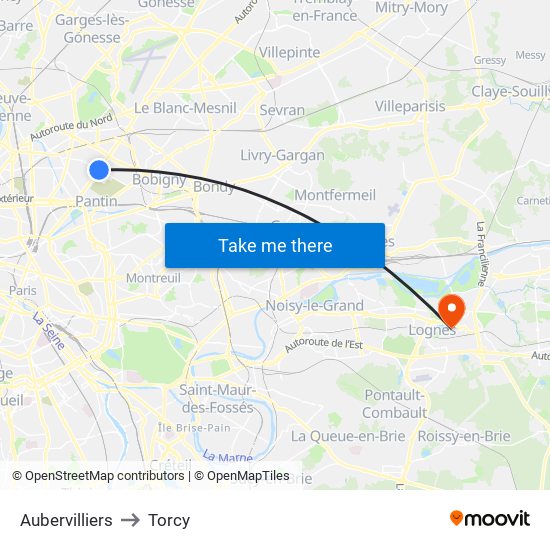 Aubervilliers to Torcy map