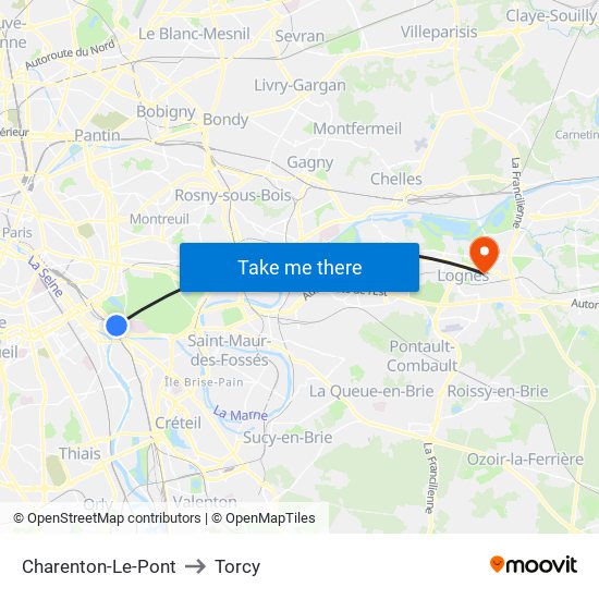 Charenton-Le-Pont to Torcy map