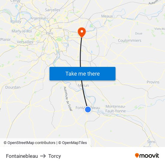 Fontainebleau to Torcy map