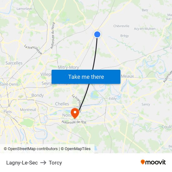 Lagny-Le-Sec to Torcy map