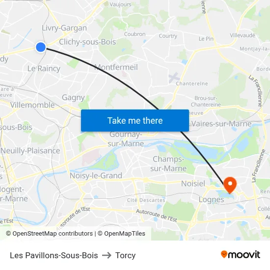 Les Pavillons-Sous-Bois to Torcy map