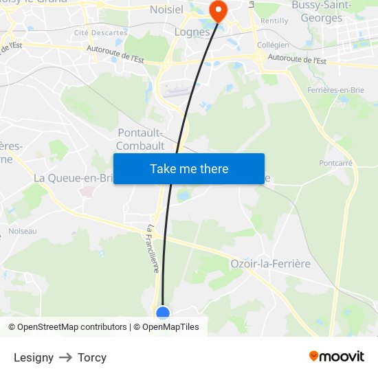 Lesigny to Torcy map