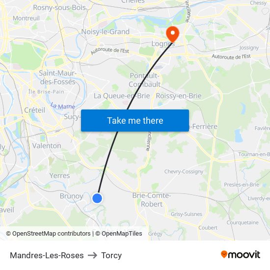 Mandres-Les-Roses to Torcy map