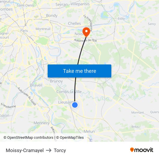 Moissy-Cramayel to Torcy map