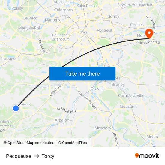 Pecqueuse to Torcy map