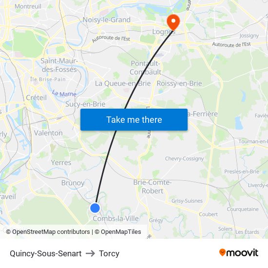 Quincy-Sous-Senart to Torcy map
