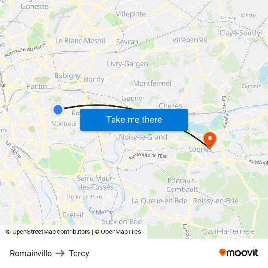 Romainville to Torcy map
