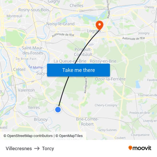 Villecresnes to Torcy map