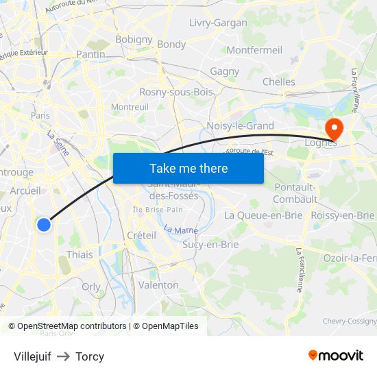 Villejuif to Torcy map