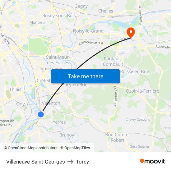 Villeneuve-Saint-Georges to Torcy map
