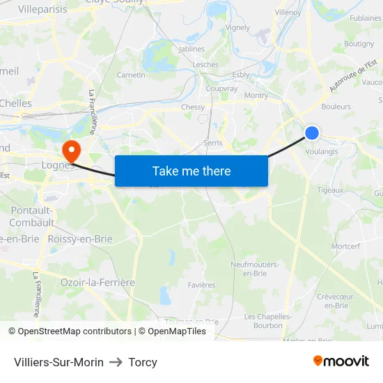 Villiers-Sur-Morin to Torcy map