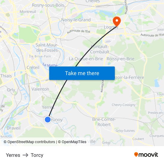 Yerres to Torcy map