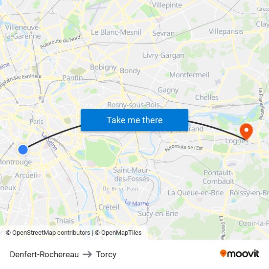 Denfert-Rochereau to Torcy map