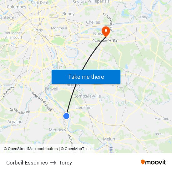 Corbeil-Essonnes to Torcy map