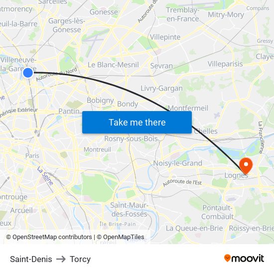 Saint-Denis to Torcy map