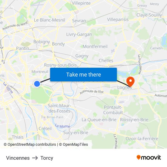 Vincennes to Torcy map