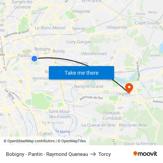 Bobigny - Pantin - Raymond Queneau to Torcy map