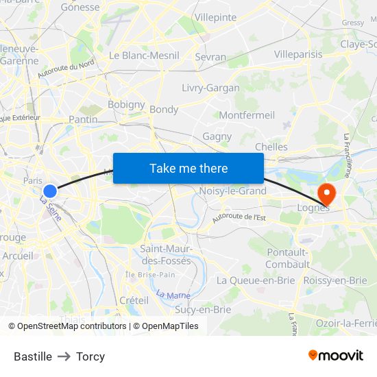 Bastille to Torcy map