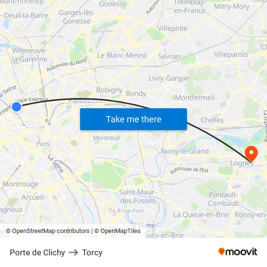 Porte de Clichy to Torcy map