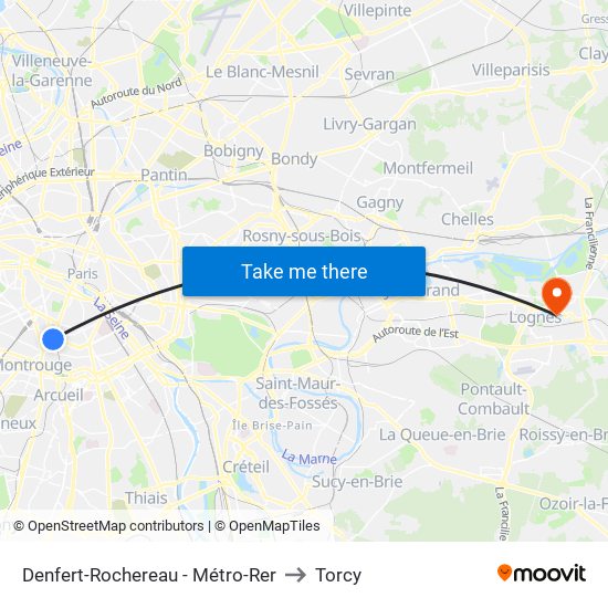 Denfert-Rochereau - Métro-Rer to Torcy map