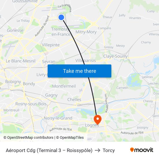 Aéroport Cdg (Terminal 3 – Roissypôle) to Torcy map