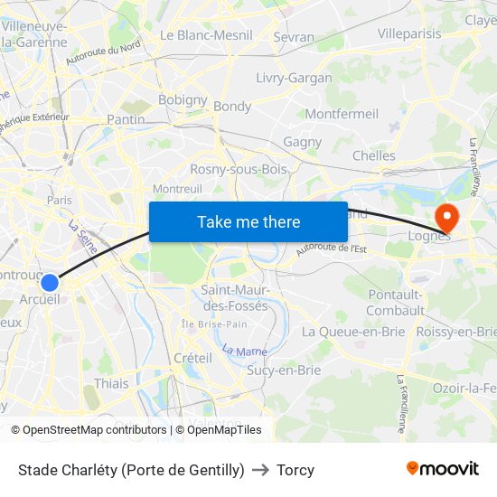 Stade Charléty (Porte de Gentilly) to Torcy map