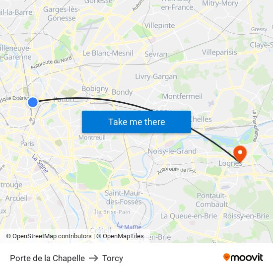Porte de la Chapelle to Torcy map