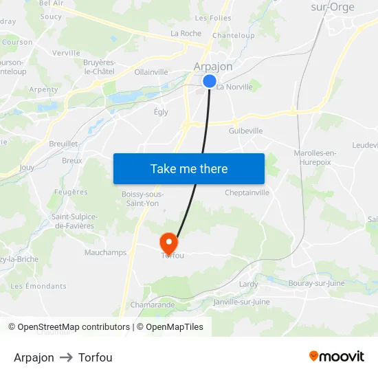 Arpajon to Torfou map