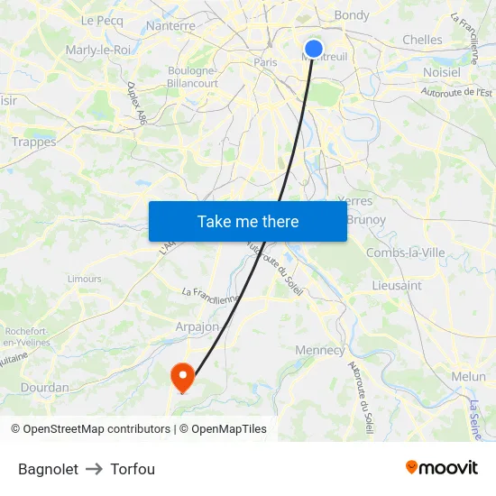 Bagnolet to Torfou map