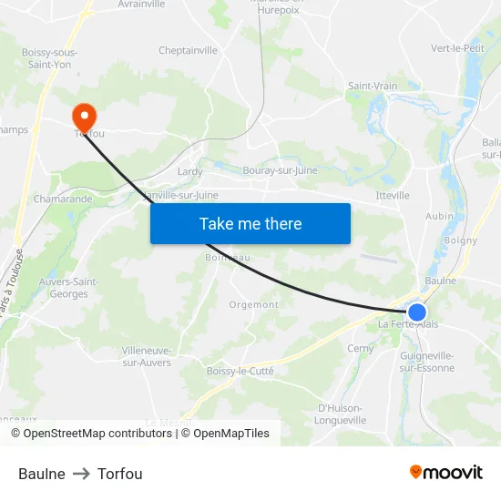Baulne to Torfou map