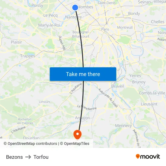 Bezons to Torfou map