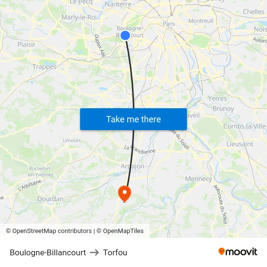 Boulogne-Billancourt to Torfou map