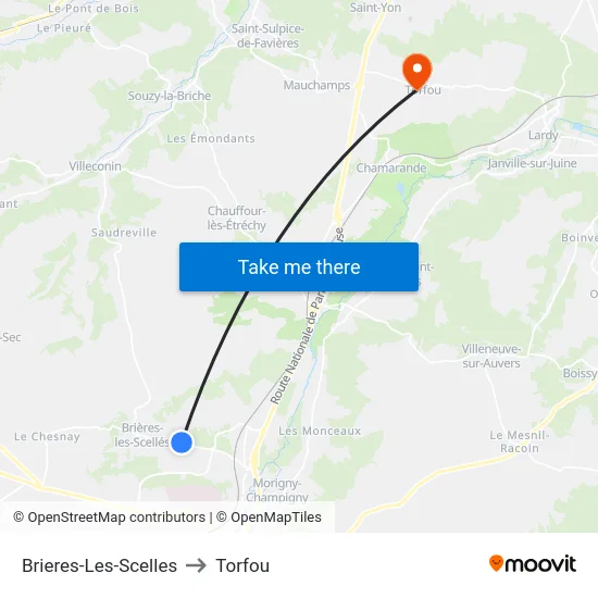 Brieres-Les-Scelles to Torfou map