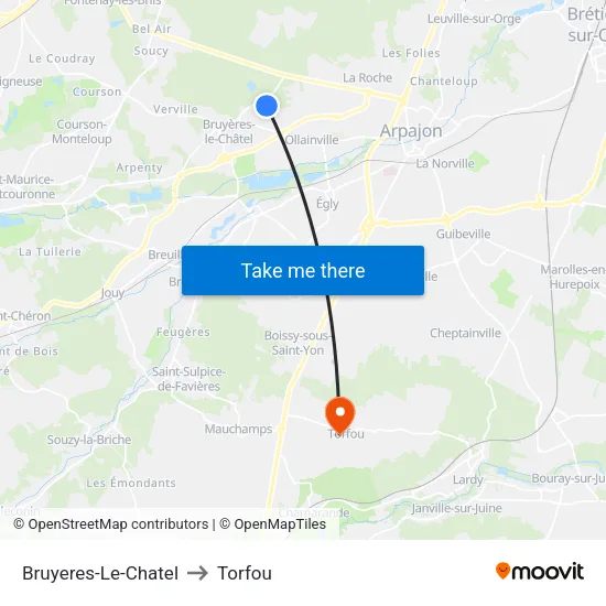 Bruyeres-Le-Chatel to Torfou map